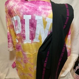 NEW VICTORIAS SECRET PINK VARSITY TEE AND PANTS SET 2PC TYE DYE